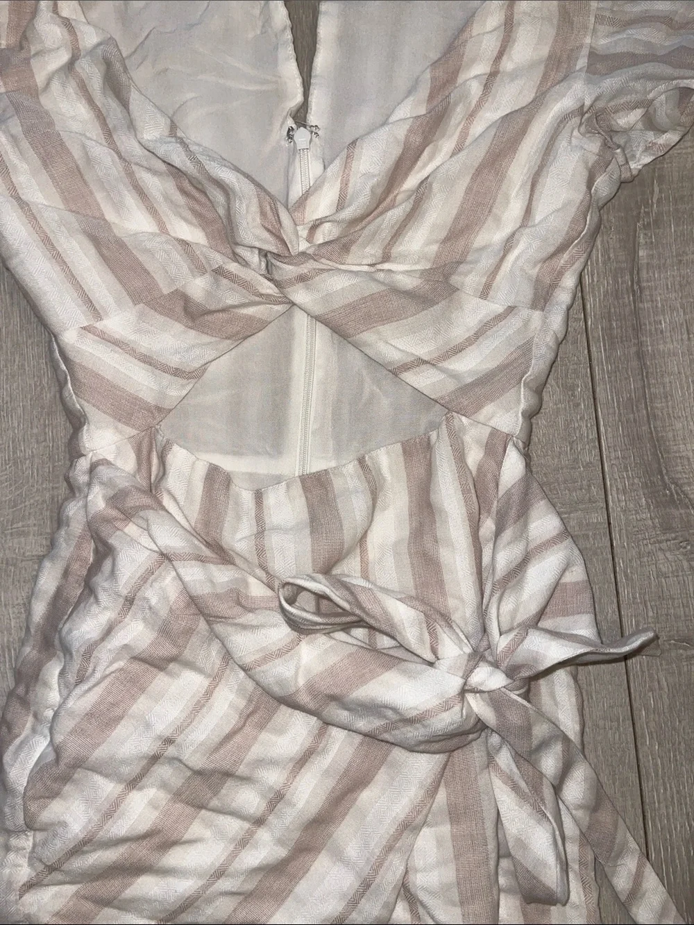 MAJORELLE linen Striped Cutout Wrap Dress in Beige White XXS